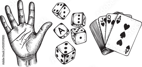 hand receives playing cards and dice.