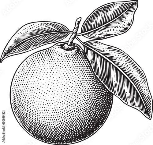 detailed black and white of a vibrant orange fruit with leafy branches.