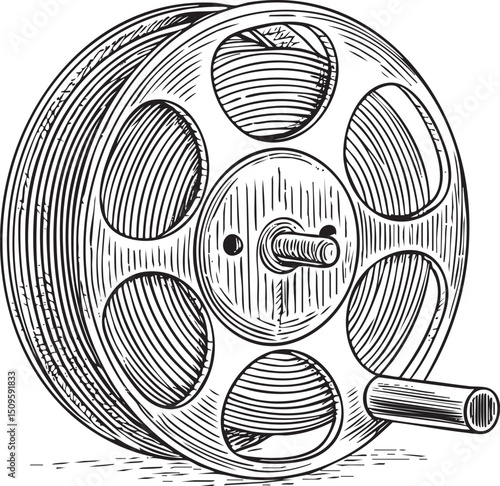 black and white film reel rotates on a central spindle.