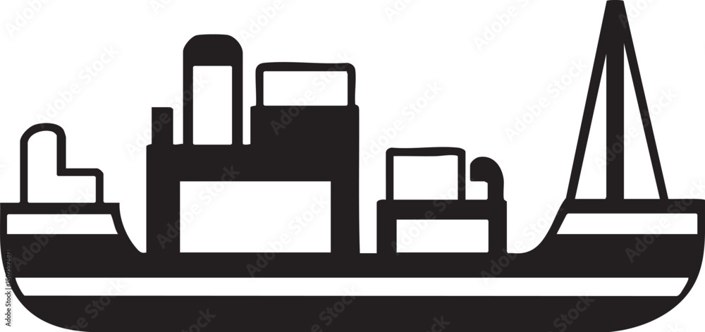 simple black silhouette of a boat with an urban skyline. simple black silhouette of a boat with an urban skyline.