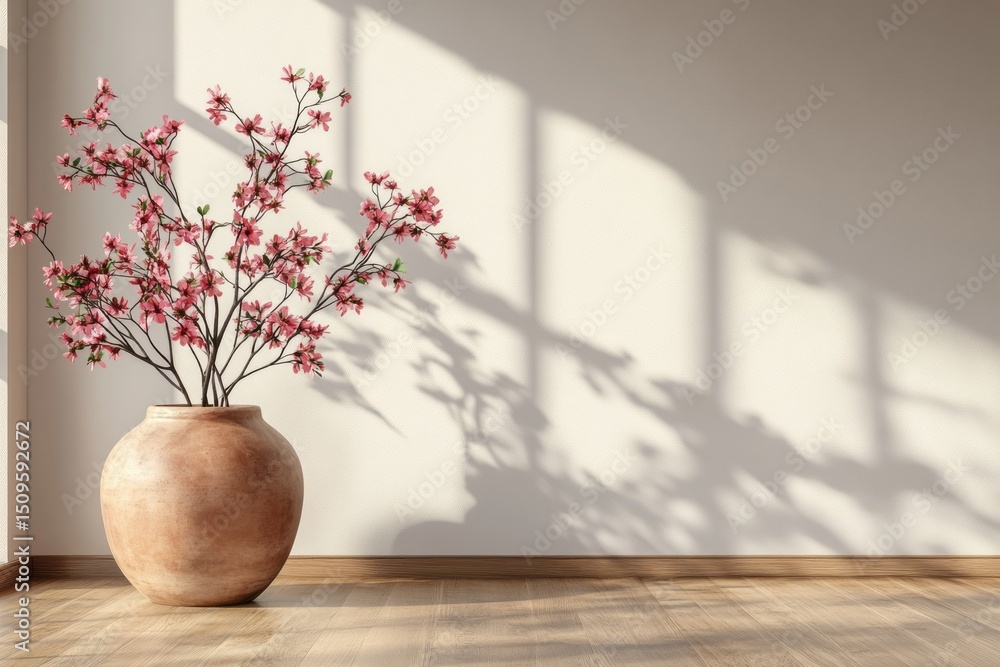 Fototapeta premium Pink blossoms in a terracotta vase, casting shadows on a light beige wall.