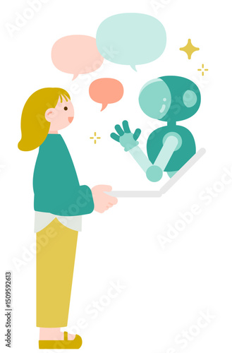 AIサービスに相談する女性の横顔イラスト　未来的コミュニケーション