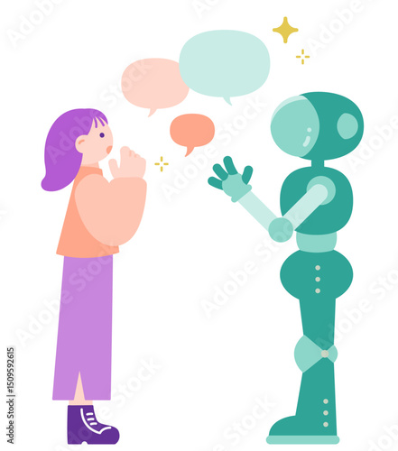 AIロボットに相談する女性の横顔イラスト　未来的コミュニケーション