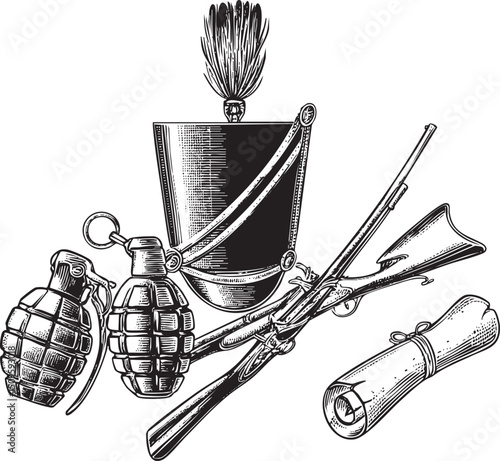 black and white depicts a military hat grenades rifles and a rolled document.