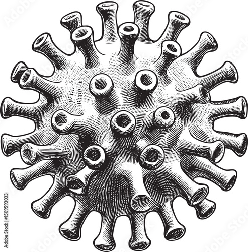 detailed monochrome depicts a complex viral structure.