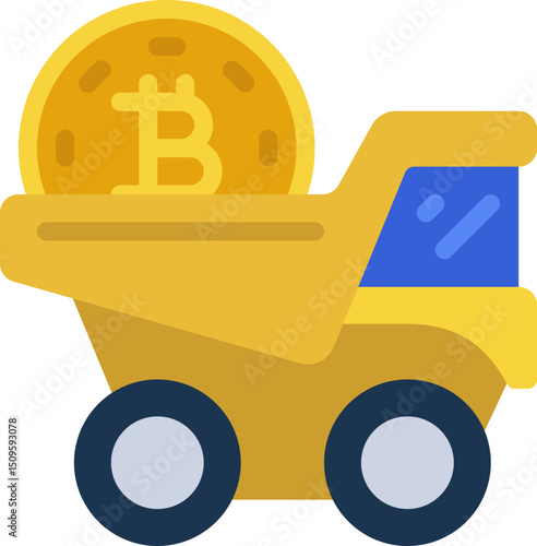 Dump truck carries bitcoin through digital landscape, symbolizing cryptocurrency mining and financial technology advancement.