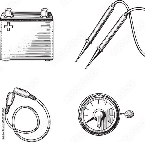 vintage electrical testing device displays a multimeter and probe.