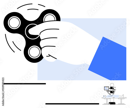 Hand holding and spinning black fidget spinner, dynamic motion lines. Includes small surgical microscope. Ideal for focus, stress relief, play, mechanics, minimalism, therapy simple landing page