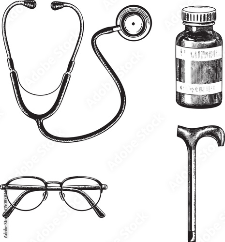 vintage sketch depicts a stethoscope pill bottle eyeglasses and cane.