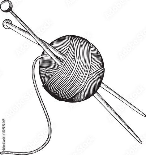 large ball of yarn rests on knitting needles.