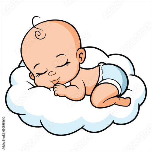 Cartoon baby sleeping on cloud vector illustration.Whimsical and soothing artwork ideal for nursery decor, baby products, and parenting themes.