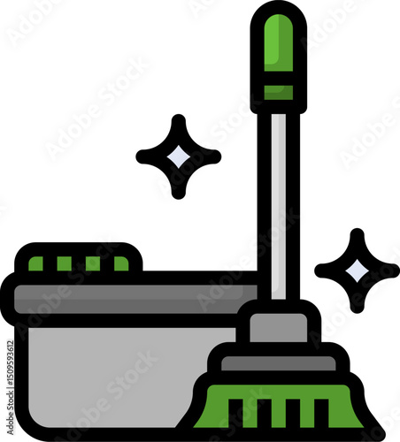 Green broom and gray bucket sitting on white floor with sparkles representing cleanliness and hygiene in home cleaning.