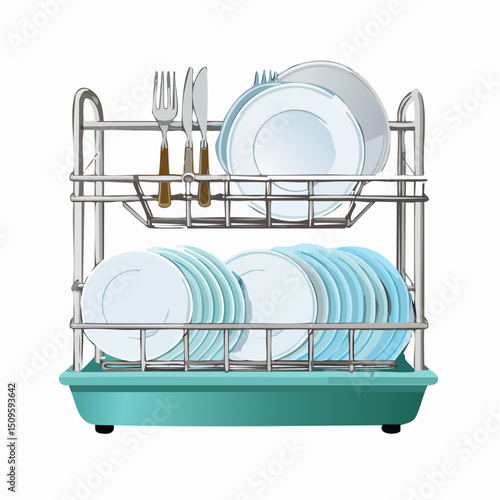 A dish rack filled with clean plates and utensils
