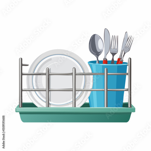 A dish rack filled with clean plates and utensils
