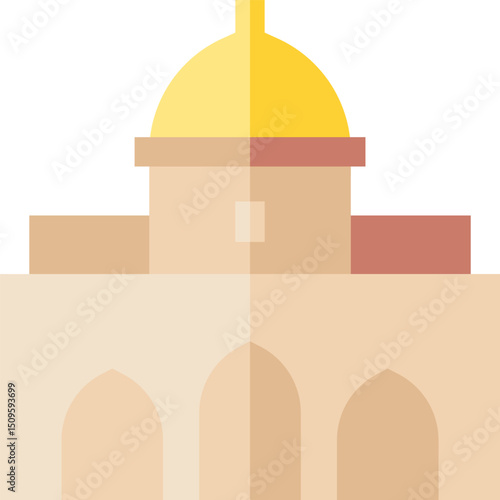 Simple building stands with golden dome against a white space, showcasing architectural minimalism and geometric shapes in a modern style.