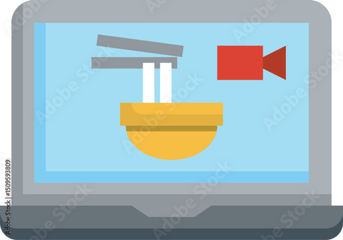 Laptop displays a bowl of noodles being filmed for a cooking tutorial, highlighting the intersection of food and technology in a modern, digital age.