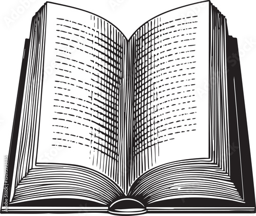 open book displays dense and a textured page.