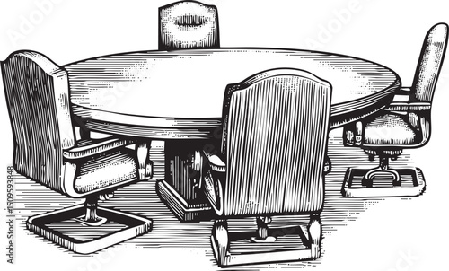round table with four chairs sits in a dimly lit room.