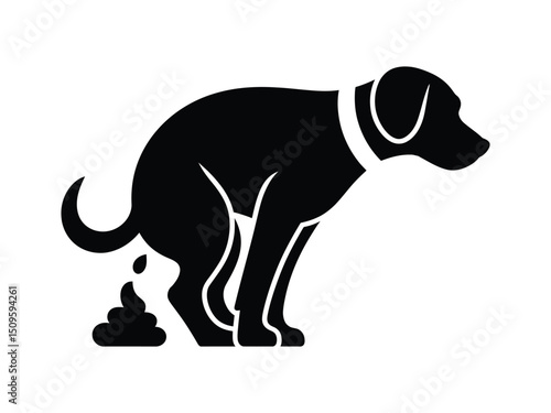 Black silhouette illustration of a dog pooping and dropping waste on a white background