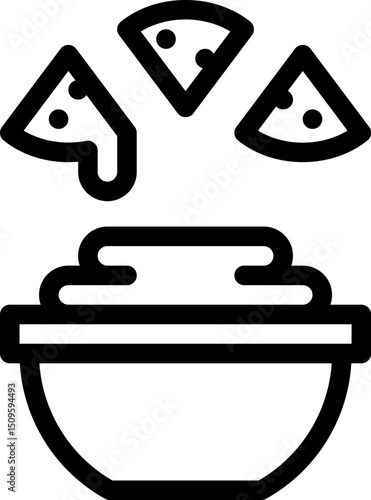 Tortilla chips dipping into creamy sauce in bowl on white surface, showcasing snack time and delicious appetizer, simple line art style.