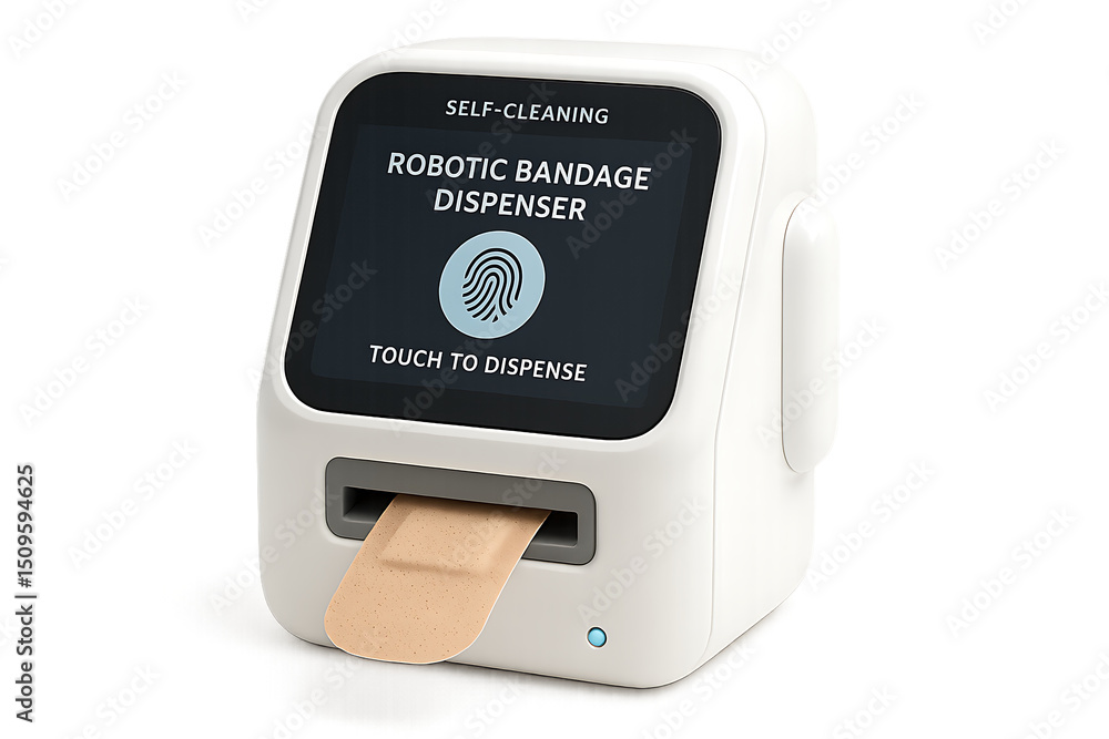 Obraz premium A fictional medical bandage dispenser that automatically cleans, prepares, and applies dressings with robotic precision. Touchscreen controls on the front. Isolated on white.