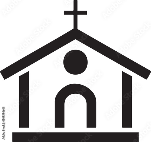 simple solitary figure stands before a small church building.