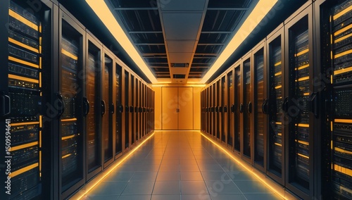 Corporate data center with server racks and clean environment