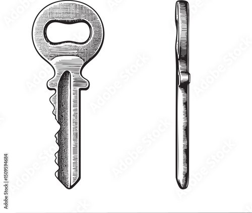 Two antique keys are presented in a side-by-side view.