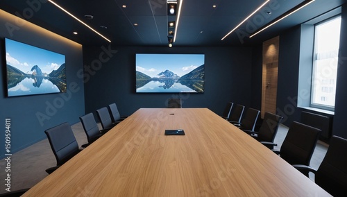 Corporate meeting room with video conferencing equipment and screens