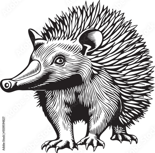 solitary hedgehog stands alertly in a shaded area.