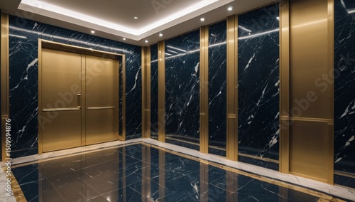 Empty office elevator lobby with marble and glass design