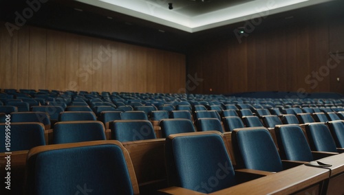 Empty university lecture hall with tiered seating arrangement