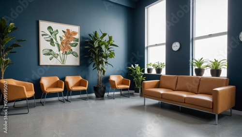 Medical clinic waiting area with modern furniture and plants