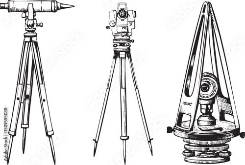 Three surveying instruments stand upright on a white surface.