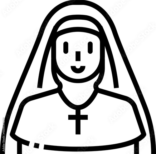 Smiling nun wearing traditional habit standing in simple church interior, radiating peace and devotion through her serene expression.