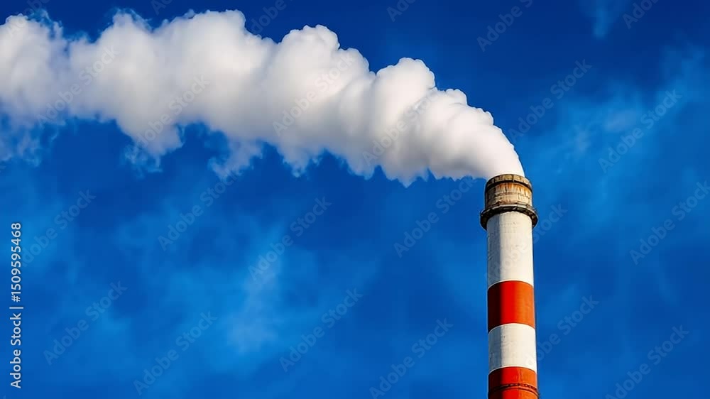 Industrial Chimney Releasing White Smoke Against A Vibrant Blue Sky Backdrop Industrial Chimney Releasing White Smoke Against A Vibrant Blue Sky Backdrop