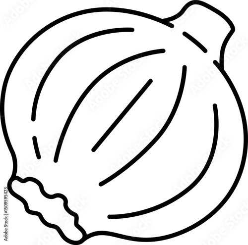 Single onion bulb with visible layers sits isolated on white surface, simple line art style emphasizing natural form and organic texture.