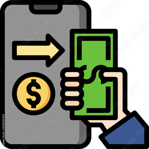 Hand holding money transfers funds through mobile phone in modern financial transaction, showcasing convenience and technology.