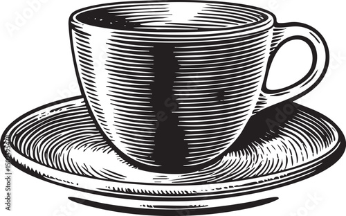 ceramic cup rests on a circular saucer filled with dark liquid.