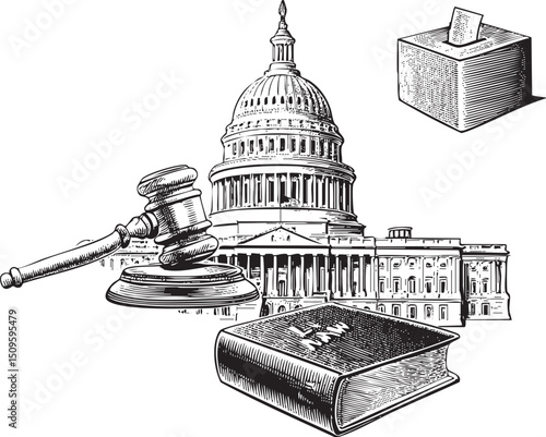 gavel rests upon an open law book beside a ballot box with a capitol building in the background.