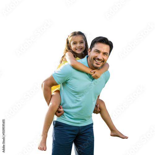 Father giving daughter piggyback ride isolated on transparent background
