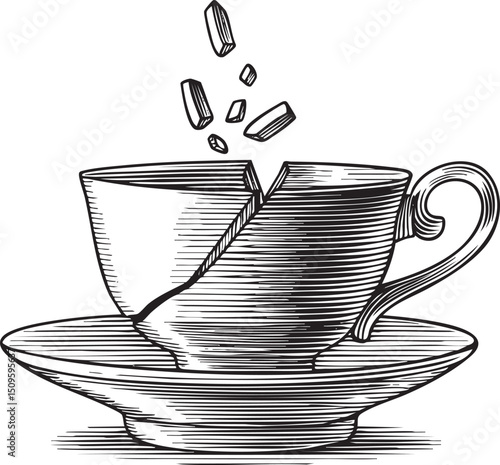 shattered ceramic cup with fragments and sugar crystals .