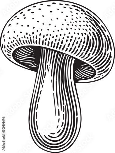 detailed black and white depicts a large mushroom with a textured cap and a prominent stem.