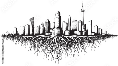 black and white cityscape rests upon a network of roots.