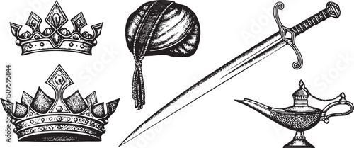 Two ornate crowns a turban and a sword rest on a white background.