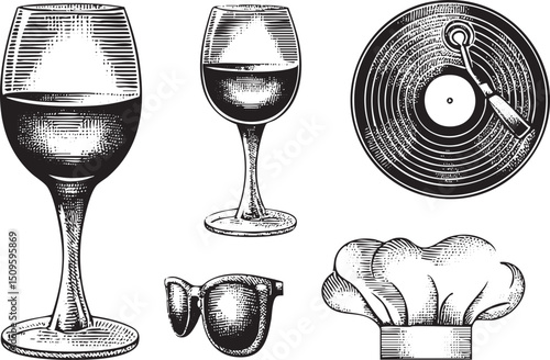 Two wine glasses and a vinyl record share a table setting.