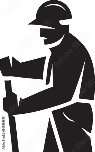 silhouetted worker examines a wooden plank with a measuring tool.