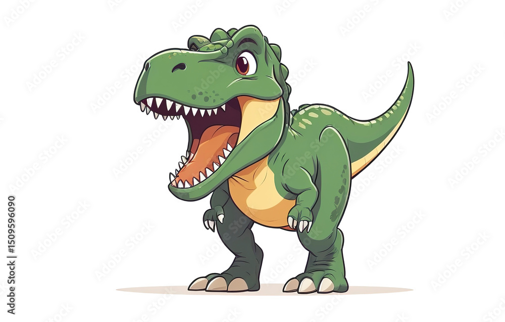 Obraz premium Smiling T-Rex with chubby body, standing on two legs, head tilted back roaring, transparent PNG