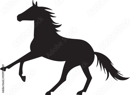 silhouetted horse gallops dynamically across a white background.