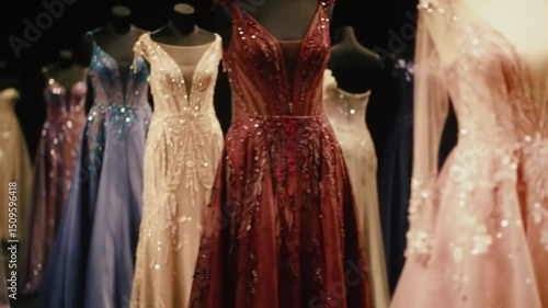 A display of elegant gowns in various colors and designs showcased on mannequins in a showroom